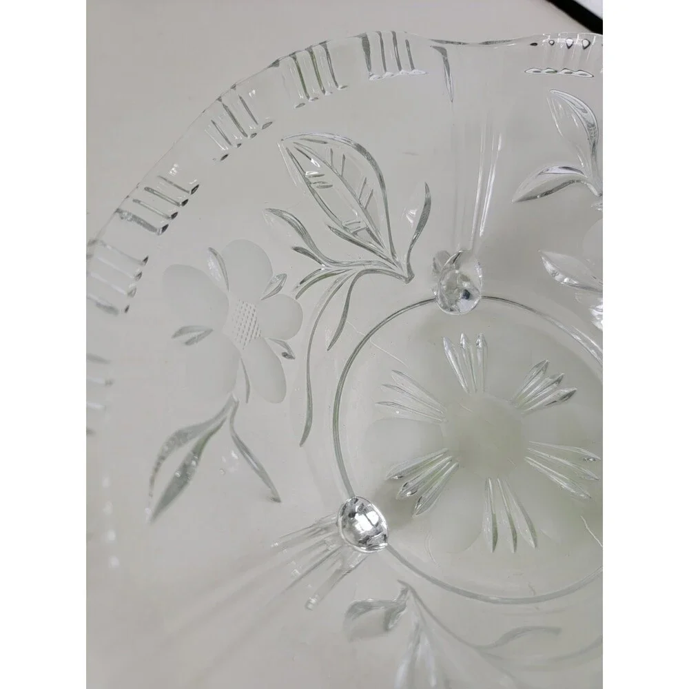 Vintage Footed Crystal Glass Flower Design Tea light Candle Dish Bowl